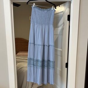 Chic Light Blue Maxi Skirt with Lace Accents